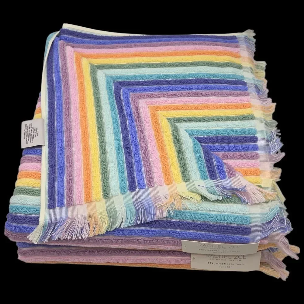 Rachel Zoe 8pc Rainbow Striped Fringe Cotton Towel Set 2 Bath 4Wash 2Hand Multi